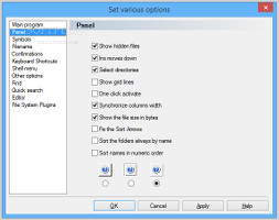 Showing the panel options in EF Commander Free